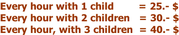 Every hour with 1 child        = 25.- $ Every hour with 2 children   = 30.- $ Every hour, with 3 children  = 40.- $